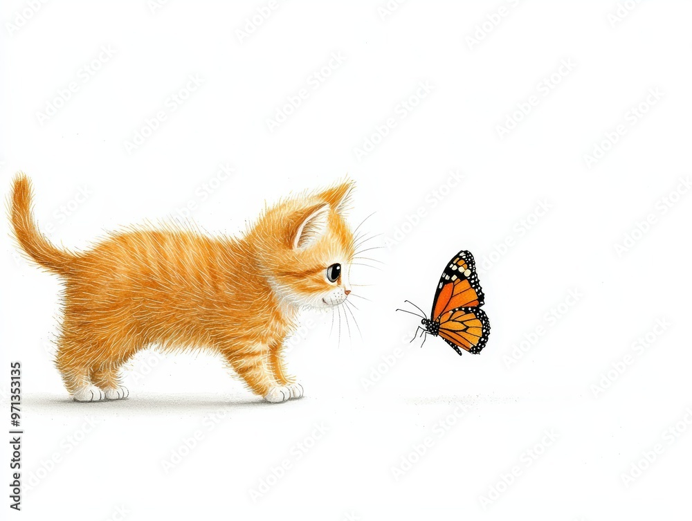 Obraz premium A playful orange kitten curiously approaches a vibrant butterfly, capturing a moment of innocence and wonder in nature.