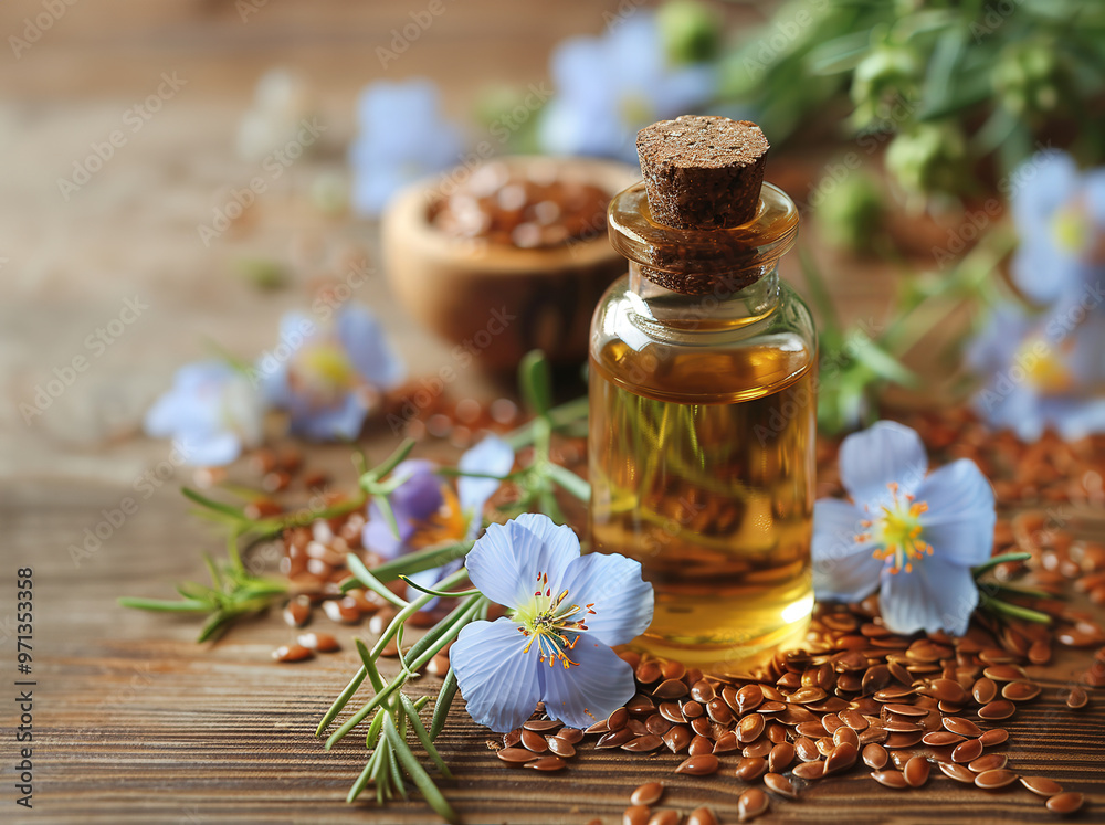 Bottle flaxseed oil surrounded flax seeds and blue flax flowers, with rustic wooden background. Bottle flaxseed oil surrounded flax seeds and blue flax flowers, with rustic wooden background.