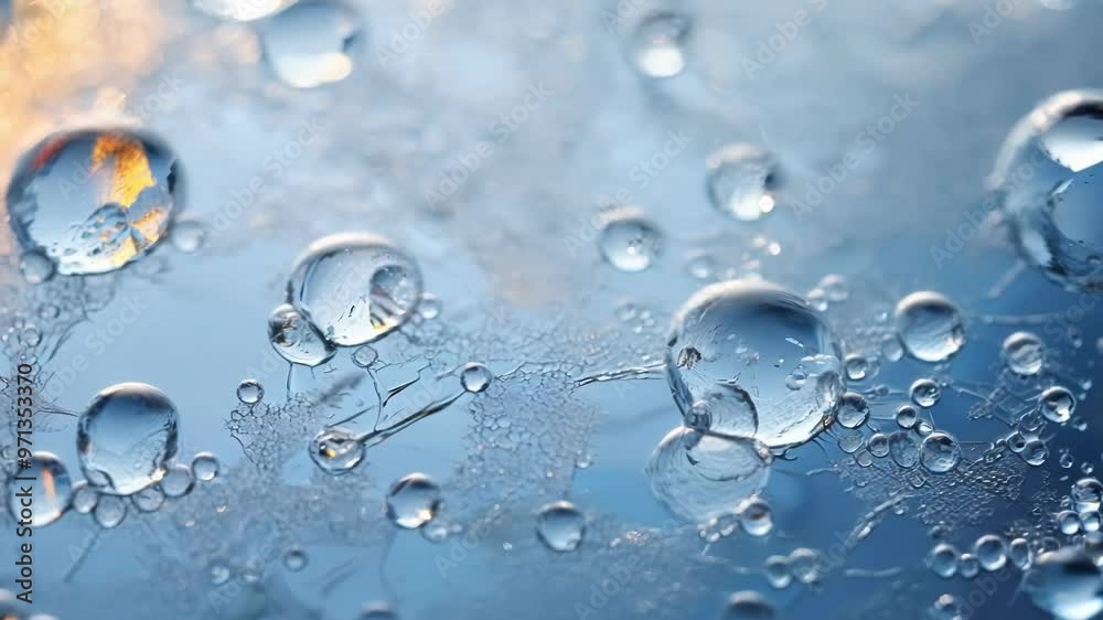 Water drops are frozen on a window, creating beautiful ice crystals and reflecting golden light, perfect as a winter or christmas background Water drops are frozen on a window, creating beautiful ice crystals and reflecting golden light, perfect as a winter or christmas background