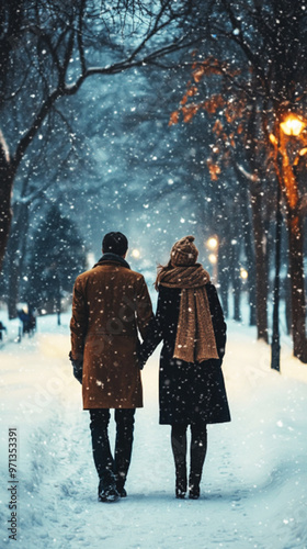 Romantic Couple Walking Through a Snowy Park in Winter, Surrounded by Snow-Covered Trees and Falling Snowflakes photo