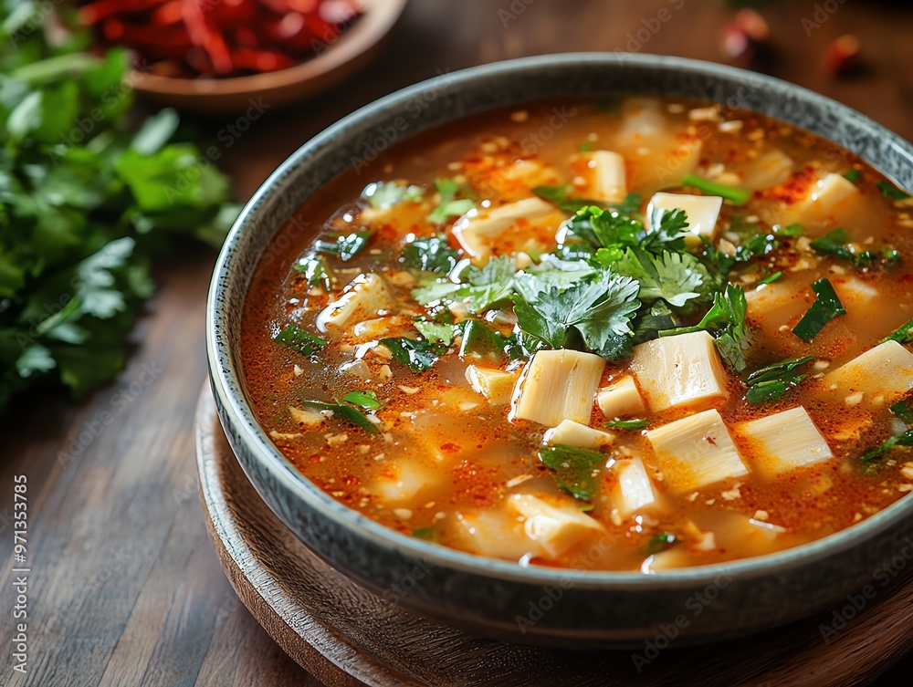 Bowl of Isaanstyle hot and sour soup with bamboo shoots, Isaan bamboo soup, regional Thai soup Bowl of Isaanstyle hot and sour soup with bamboo shoots, Isaan bamboo soup, regional Thai soup
