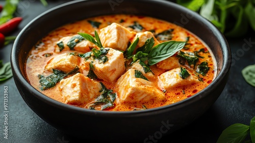 Bowl of Isaanstyle spicy fish curry with fresh herbs, Isaan fish curry, authentic Isaan flavor