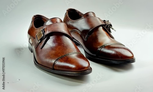 Pair of stylish monk strap shoes on white background, hyperrealistic Video photo