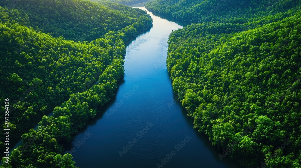 Aerial view of a serene river winding through lush green forests, showcasing nature's beauty and tranquility. Aerial view of a serene river winding through lush green forests, showcasing nature's beauty and tranquility.