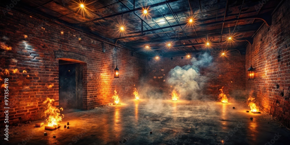 Dark and eerie basement room with old brick walls, sparks of fire, neon lamps, and smoke creating a mysterious atmosphere Dark and eerie basement room with old brick walls, sparks of fire, neon lamps, and smoke creating a mysterious atmosphere