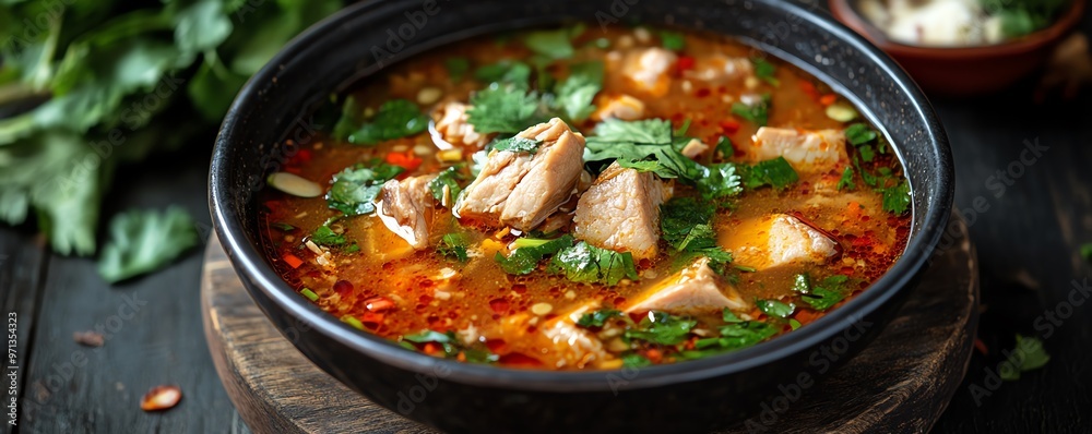 Bowl of Tom Saap Isaan hot and sour soup with pork ribs and fresh herbs, Tom Saap, Isaan soup