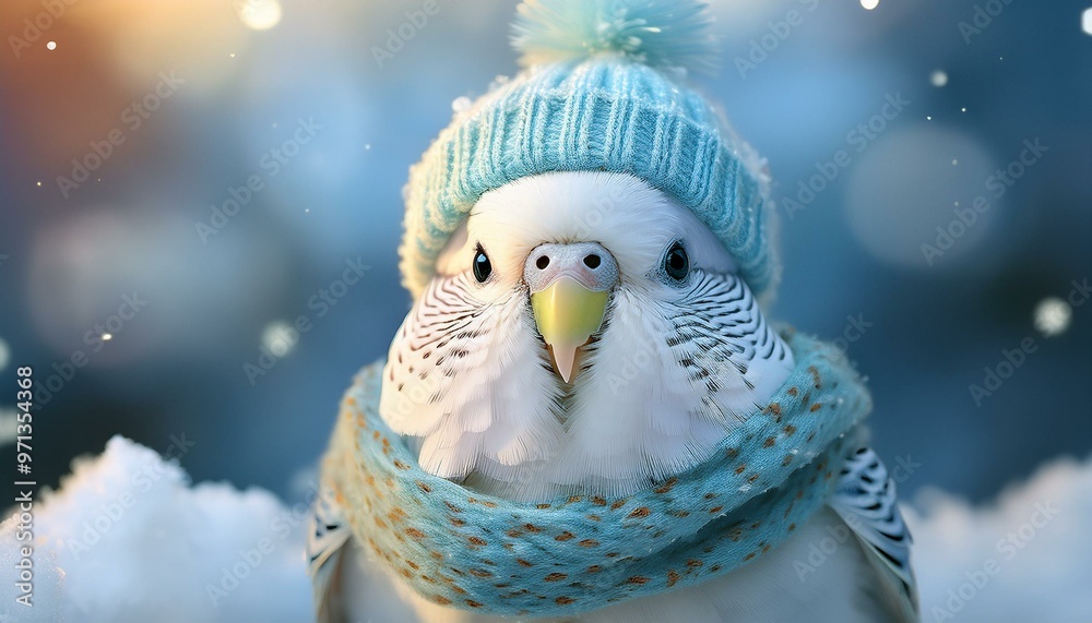 Obraz premium Budgie with winter hat and scarf prepares for winter