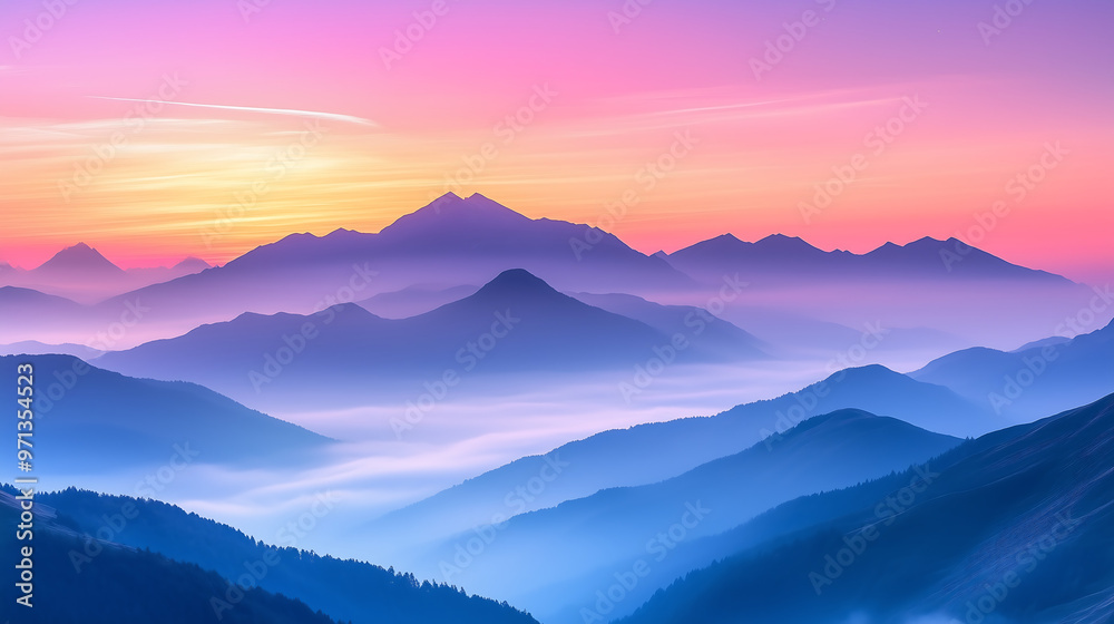 Fog rolling over mountain range at sunrise with colorful layers of light and mist in a serene natural landscape Fog rolling over mountain range at sunrise with colorful layers of light and mist in a serene natural landscape