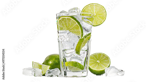 Gin and tonic with lime wedges and ice cubes in a tall glass, crisp and refreshing, isolated on a white background photo