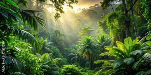 Lush rainforest bathed in morning sunbeam