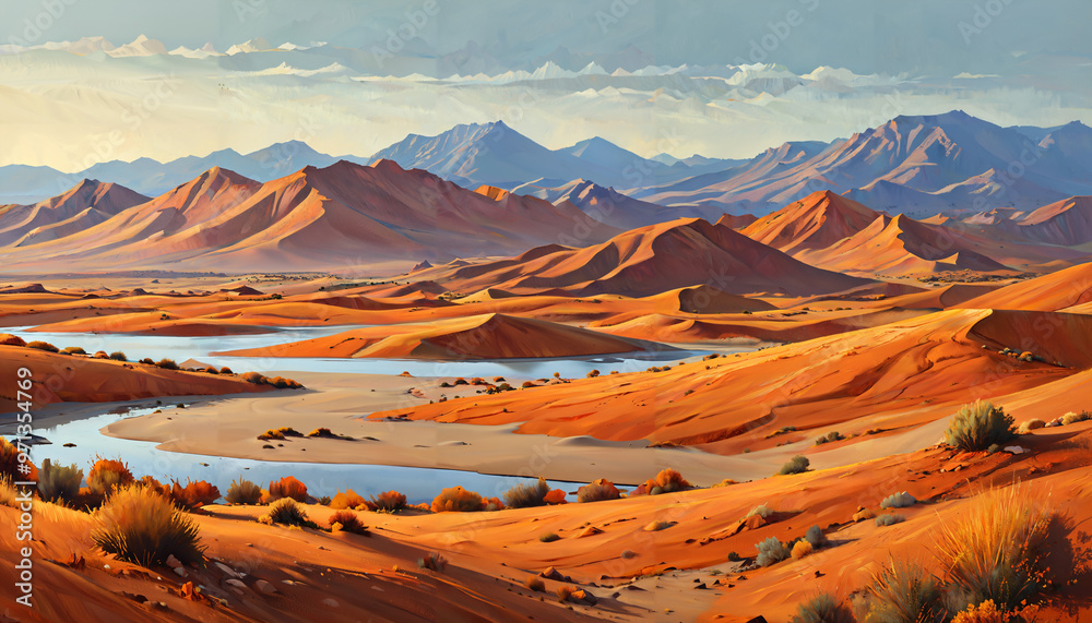 Naklejka premium Paysage désertique avec montagnes et rivières