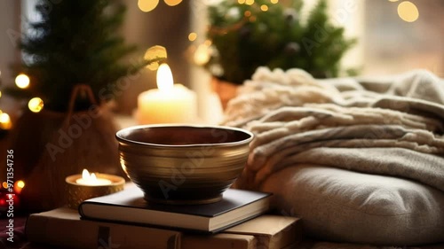 Wallpaper Mural Creating a cozy and relaxing atmosphere for christmas with a singing bowl placed on top of books, a warm blanket, and the soft glow of candlelight Torontodigital.ca