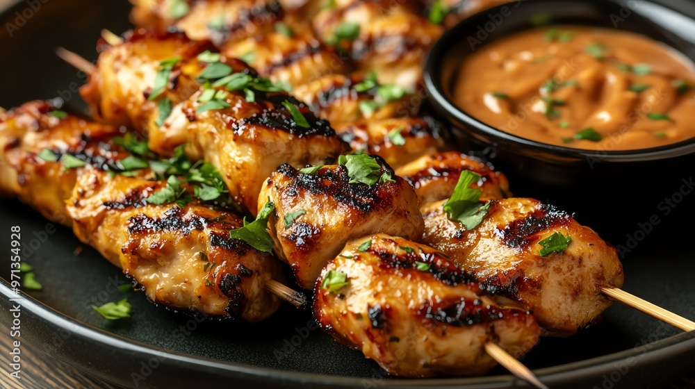Closeup of Thai chicken skewers with a side of tangy peanut sauce, Thai chicken skewers, appetizer Closeup of Thai chicken skewers with a side of tangy peanut sauce, Thai chicken skewers, appetizer