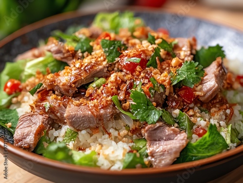 Closeup of spicy Isaanstyle duck salad with roasted rice, Isaan duck salad, regional Thai dish