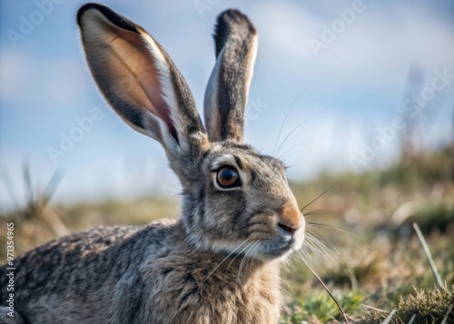 Rabbit with Long Ears A rabbit with unusually long ears sitting in a grassy field, its ears flopped over and its little nose twitching as it sniffs the air.