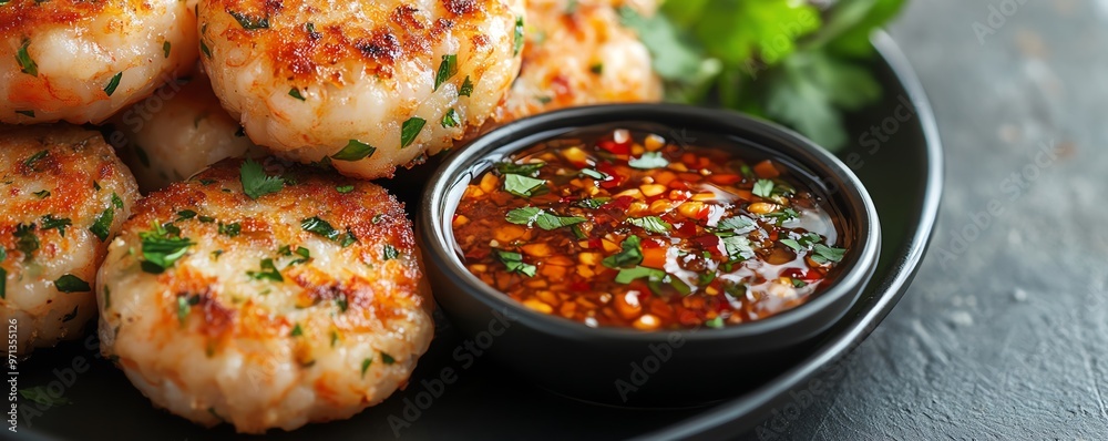 Closeup of Thaistyle shrimp cakes with a tangy dipping sauce, Thai shrimp cakes, seafood snack Closeup of Thaistyle shrimp cakes with a tangy dipping sauce, Thai shrimp cakes, seafood snack