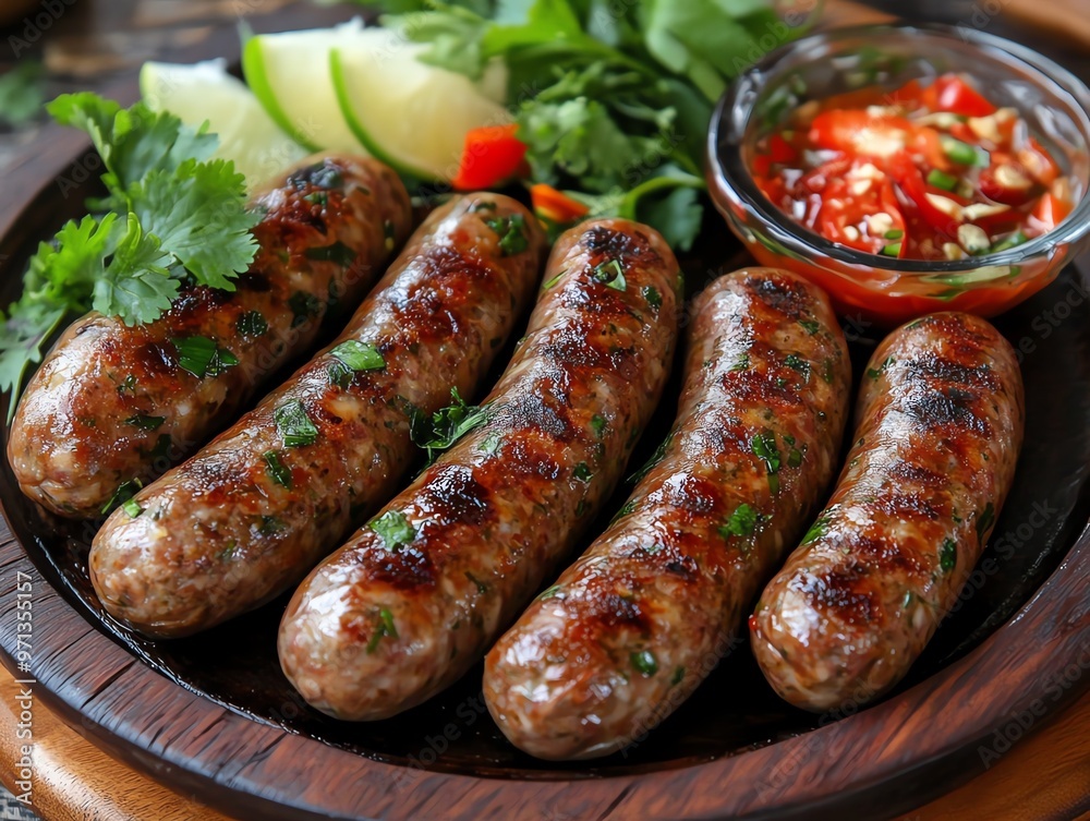 Grilled Isaan sausages Sai Krok Isaan served with fresh vegetables and herbs, Sai Krok Isaan, Isaan appetizer Grilled Isaan sausages Sai Krok Isaan served with fresh vegetables and herbs, Sai Krok Isaan, Isaan appetizer