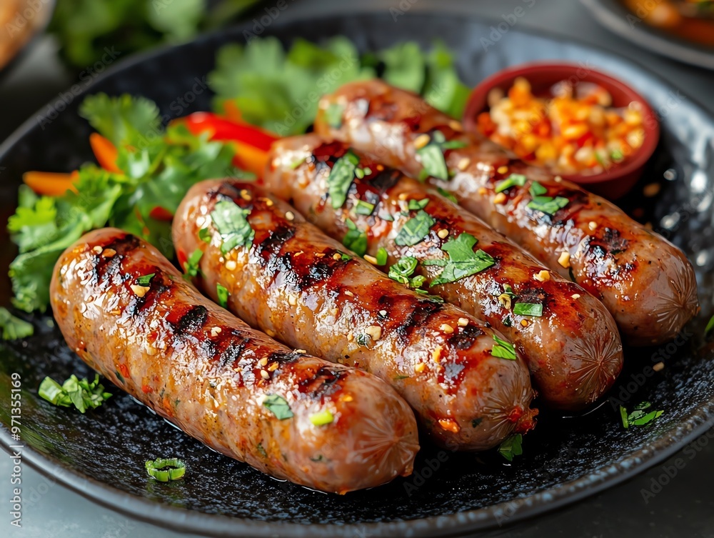 Grilled Isaan sausages Sai Krok Isaan served with fresh vegetables and herbs, Sai Krok Isaan, Isaan appetizer Grilled Isaan sausages Sai Krok Isaan served with fresh vegetables and herbs, Sai Krok Isaan, Isaan appetizer