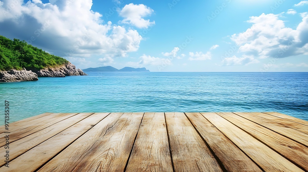 Fototapeta premium Empty wooden floor for product display montages with sea and mountain background.