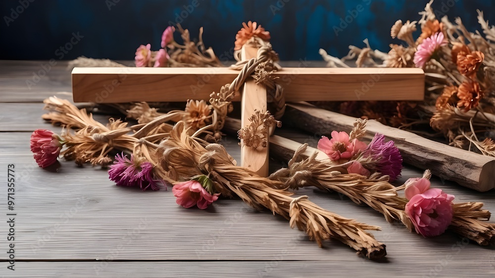 Obraz premium cross with flowers on wooden background copy space