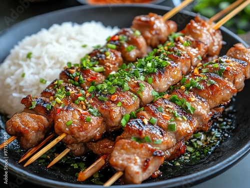 Isaanstyle grilled pork skewers with sticky rice and chili dip, Isaan pork skewers, street food delight