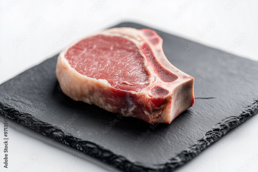 a fresh raw pork tenderloin on a wooden board, placed on a natural slate table. suitable for a supermarket poster a fresh raw pork tenderloin on a wooden board, placed on a natural slate table. suitable for a supermarket poster