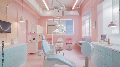 A pastel-colored dentist office with pink and blue accents, sleek white furnishings, and a calming atmosphere. The minimalist layout includes dental 