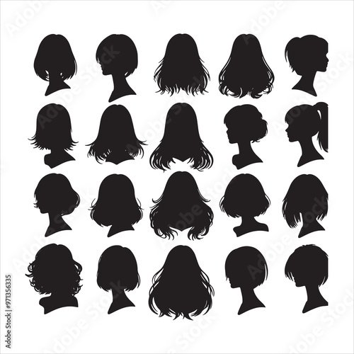 Collection of Female Silhouette Hairstyles Vector Illustration.
