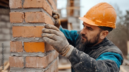 Building a brick chimney, masons constructing the chimney of a new home, Construction process, masonry work