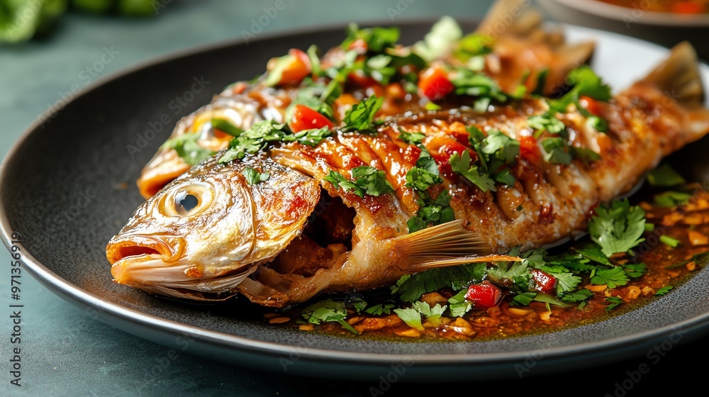 Thaistyle fried fish with tamarind sauce, garnished with fresh herbs, Thai fried fish, savory seafood dish