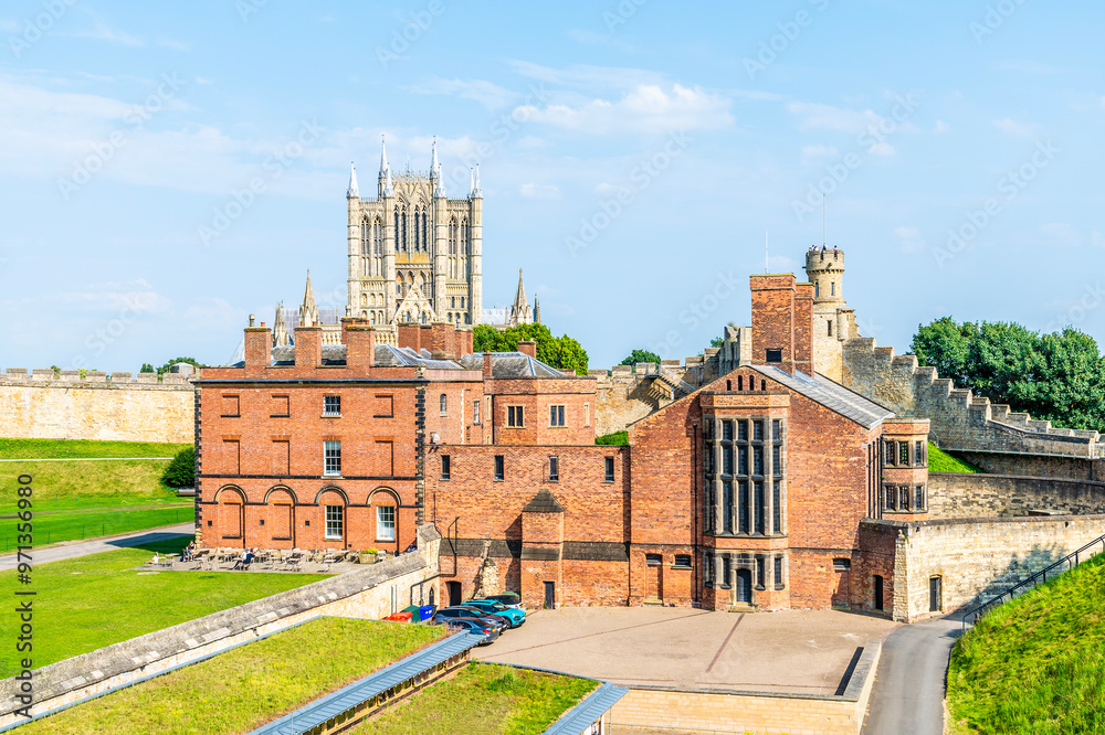A view towards the Cathedral, the Victorian Prison and the observatory tower in Lincoln Castle in Lincoln, Lincolnshire in summertime A view towards the Cathedral, the Victorian Prison and the observatory tower in Lincoln Castle in Lincoln, Lincolnshire in summertime