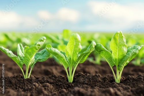 Fresh and vibrant green lettuce plants growing in rich soil under a clear blue sky, symbolizing health and organic farming.