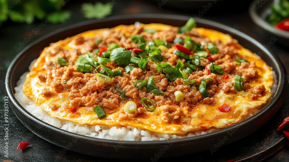 Thaistyle omelette with minced pork, served over steamed rice, Thai omelette, comfort food Thaistyle omelette with minced pork, served over steamed rice, Thai omelette, comfort food