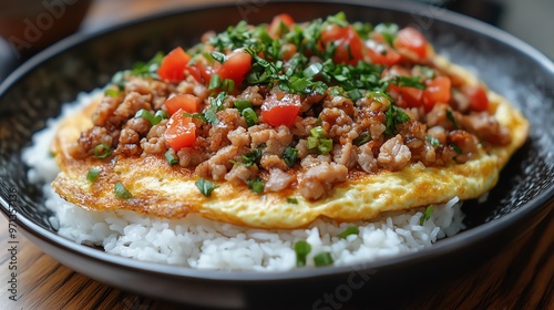 Thaistyle omelette with minced pork, served over steamed rice, Thai omelette, comfort food