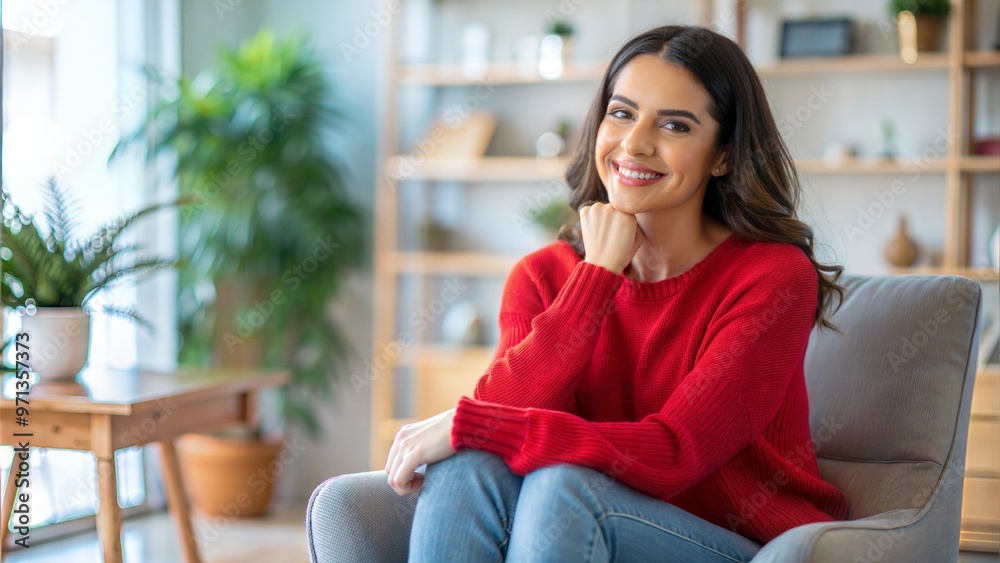 Young relaxed smiling pretty woman relaxing sitting on chair at home. Happy positive beautiful lady feeling joy enjoying wellbeing and lounge chilling near window in modern cozy apartment interior Young relaxed smiling pretty woman relaxing sitting on chair at home. Happy positive beautiful lady feeling joy enjoying wellbeing and lounge chilling near window in modern cozy apartment interior