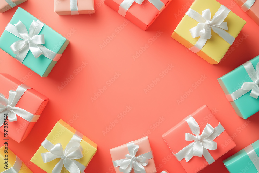 A set of bright colorful gift boxes with a luxurious gold satin ribbon perfect for a soft present celebratory theme A set of bright colorful gift boxes with a luxurious gold satin ribbon perfect for a soft present celebratory theme