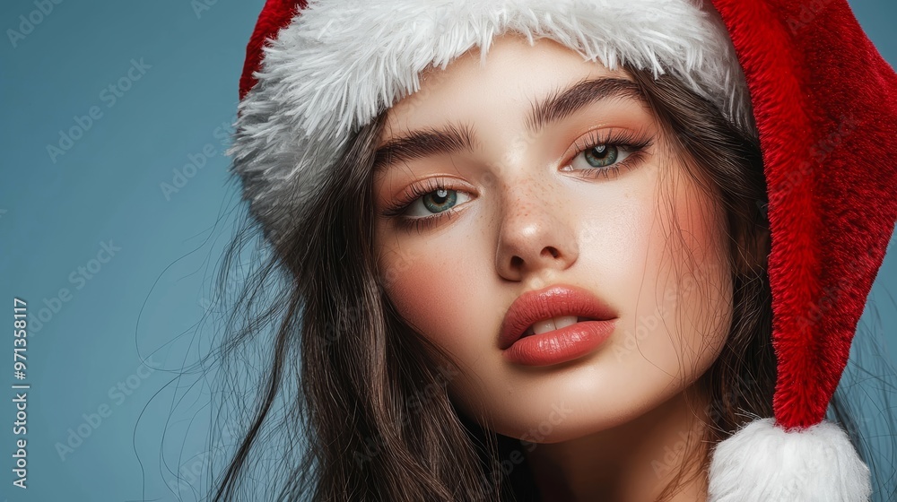 How does the image of the woman in a Santa hat evoke the spirit of the holiday season, blending festive tradition with modern style, How does the image of the woman in a Santa hat evoke the spirit of the holiday season, blending festive tradition with modern style,