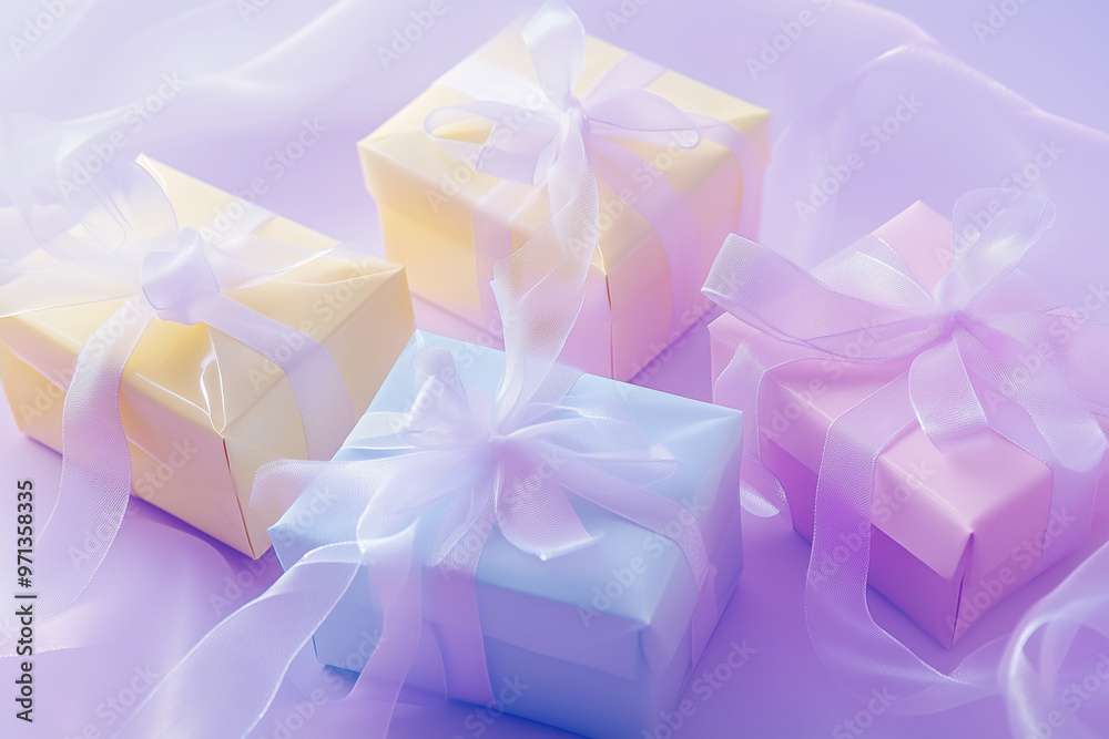 A set of bright colorful gift boxes with a luxurious gold satin ribbon perfect for a soft celebratory theme A set of bright colorful gift boxes with a luxurious gold satin ribbon perfect for a soft celebratory theme