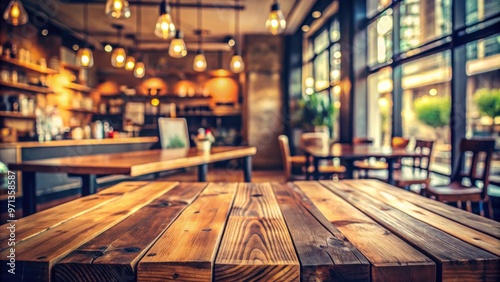 Empty wooden table at a cozy cafe with vintage filter for product display or montage