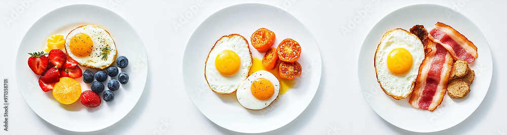 different breakfast dishes with eggs, bacon, and fruits on a white background different breakfast dishes with eggs, bacon, and fruits on a white background
