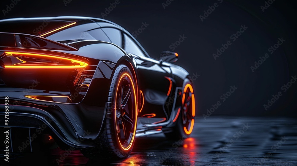 Black Sports Car with Illuminated Rear Wheel and Taillights Black Sports Car with Illuminated Rear Wheel and Taillights