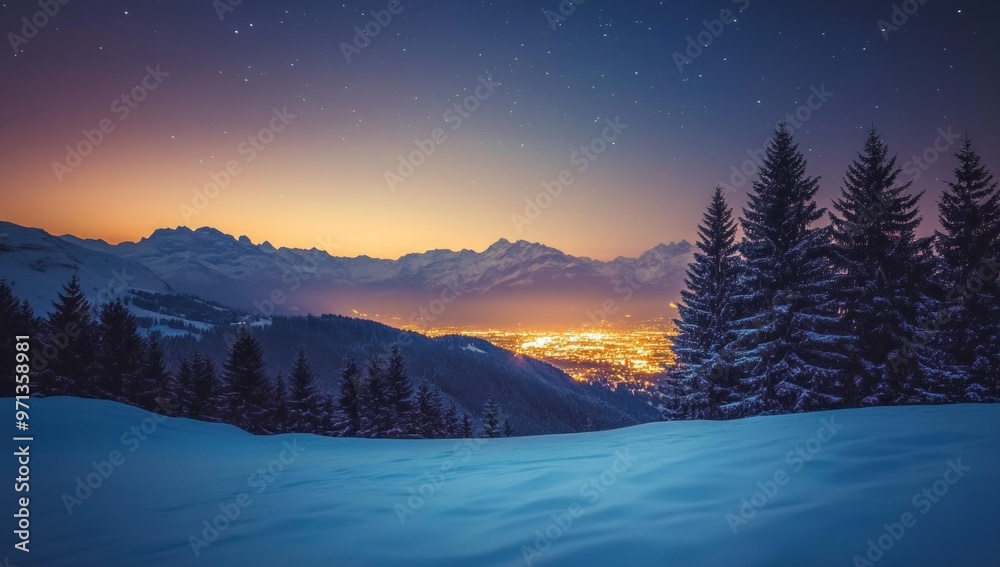 Snowy Mountain Landscape with City Lights