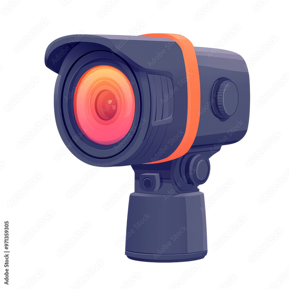 A black security camera with an orange stripe, pointed towards the viewer. The lens is glowing red. A black security camera with an orange stripe, pointed towards the viewer. The lens is glowing red.
