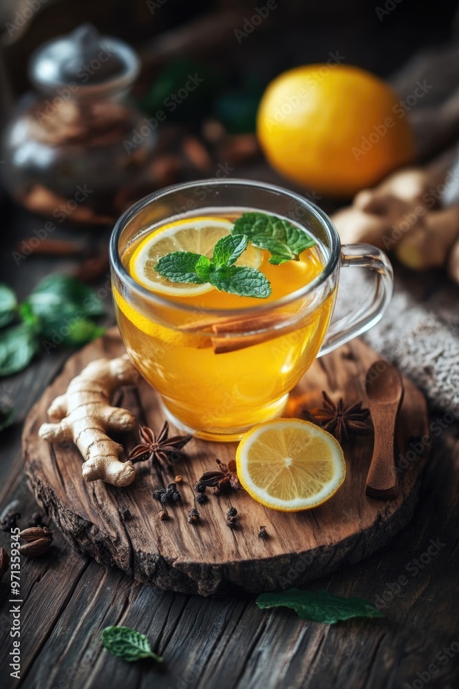 A glass of tea with a lemon slice and a sprig of mint A glass of tea with a lemon slice and a sprig of mint