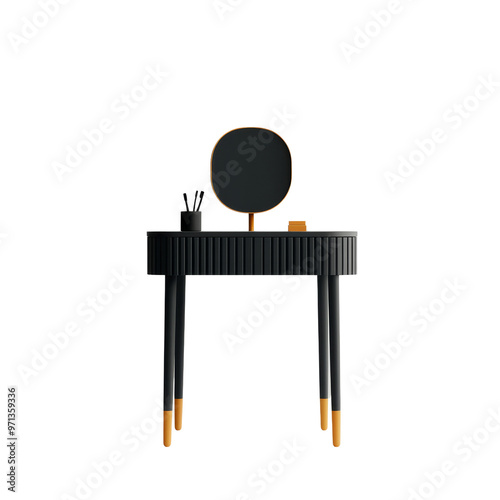 A black vanity table with a round gold mirror and a few accessories on top. The table has a textured top and gold accents on the legs. photo