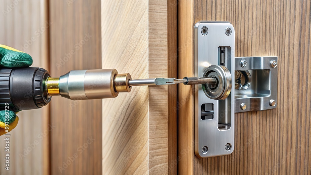 A zinc-plated door latch being screwed onto a wooden door with a power drill A zinc-plated door latch being screwed onto a wooden door with a power drill