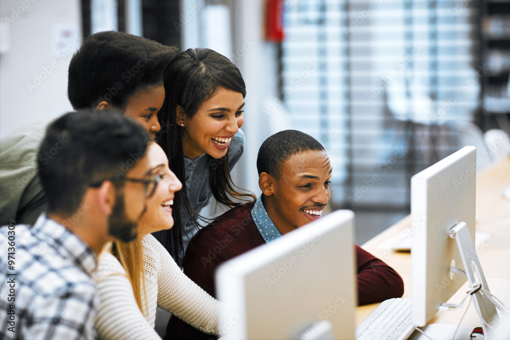 People, education and computer lab in university with teamwork, collaboration and success in IT course. Students, technology and scholarship in college with desktop, internet and software in research People, education and computer lab in university with teamwork, collaboration and success in IT course. Students, technology and scholarship in college with desktop, internet and software in research