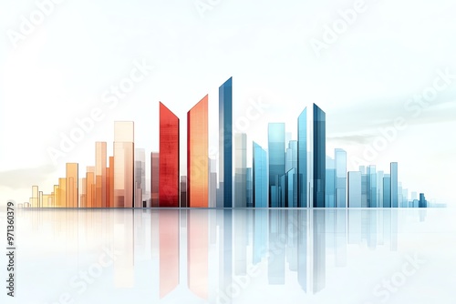 Stylish and modern city skyline illustration with vibrant colors reflecting on a serene surface, ideal for urban themes.