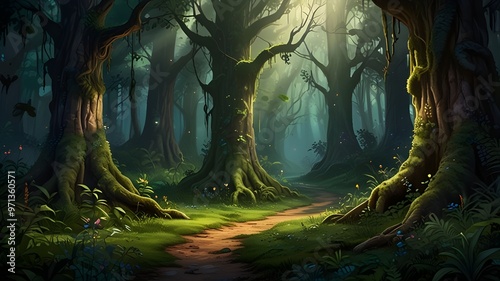 A beautiful fairytale enchanted forest with big trees and great vegetation. Digital painting background

