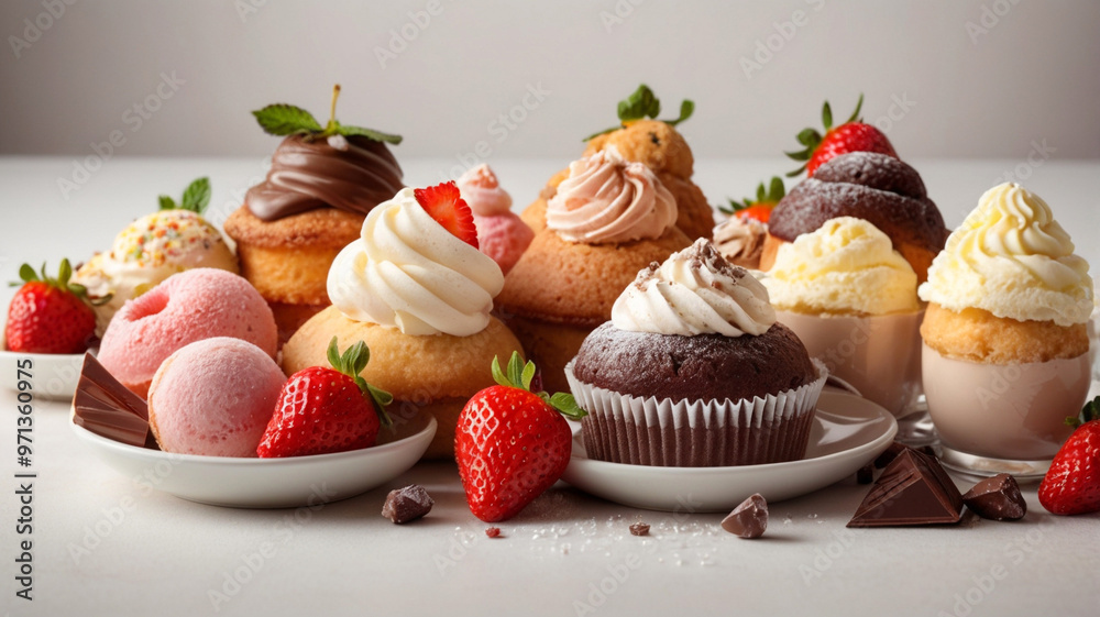 Assortment of sweet desserts isolated on white background